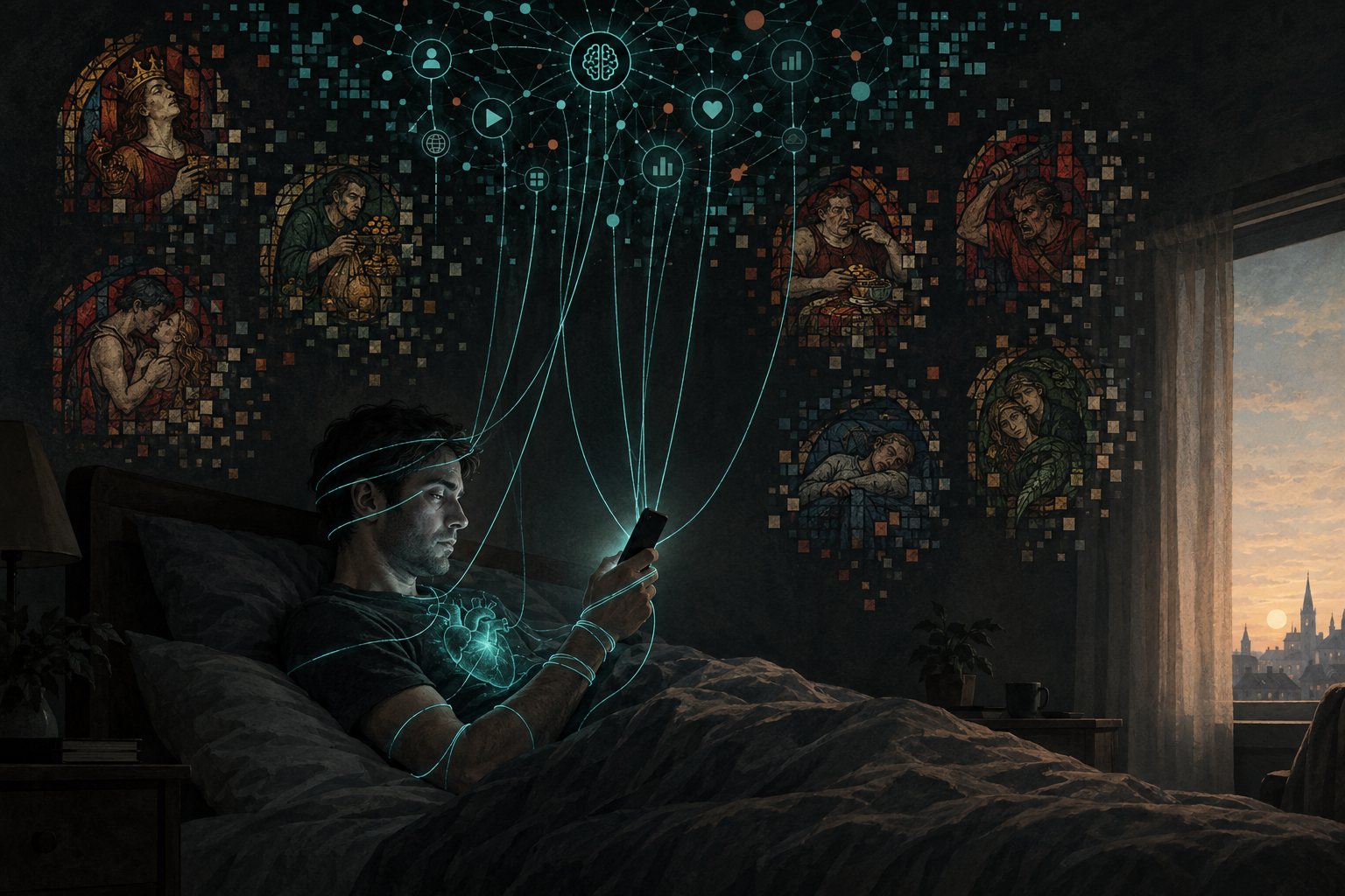 A person reaches for a phone while streams of digital content surround them.