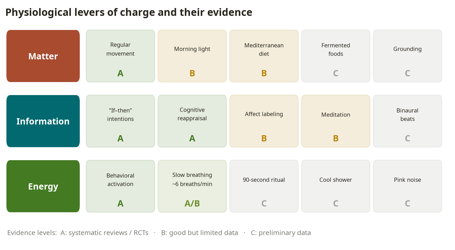 Fig. 10. Map of the physiological domains of charge across the MIE triad, with evidence levels for interventions