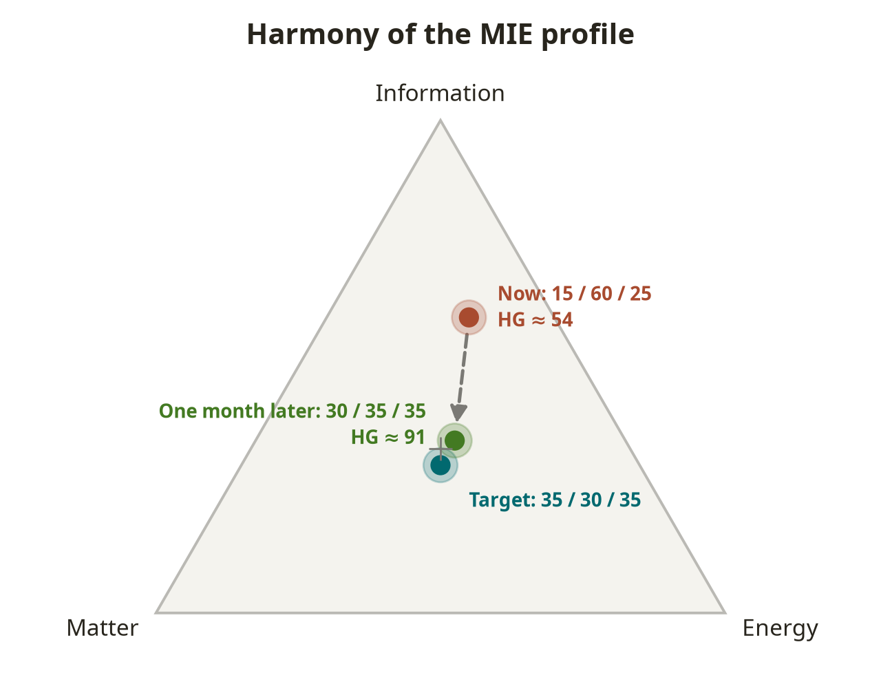 Fig. 6. Marina's MIE profile: a skew toward Information and the movement toward the target profile a month later