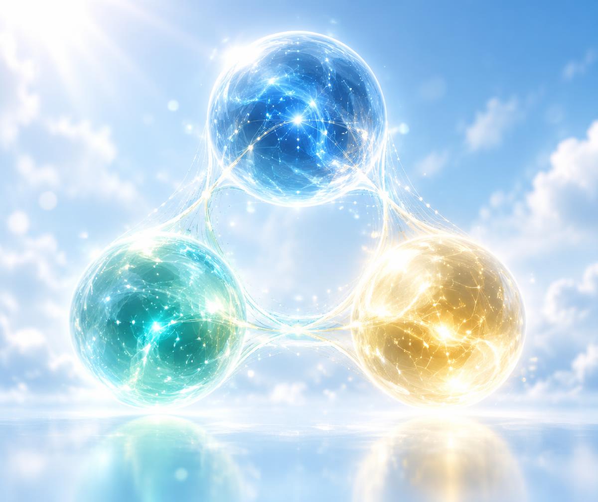 Three luminous interconnected spheres representing Information, Matter and Energy, interacting around the person at the centre