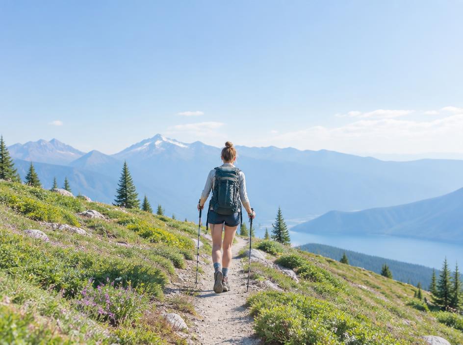 A hiker walking a bright mountain trail toward the horizon