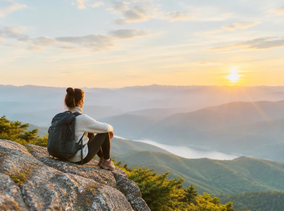 A person sitting on a rock looking out over sunlit mountains