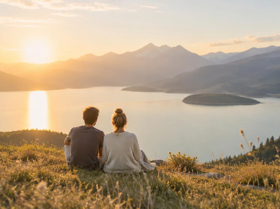 Two people sitting together looking at a bright mountain lake