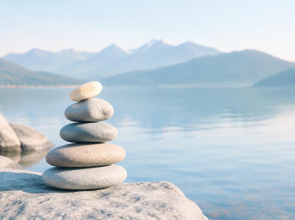 Balanced stones beside a calm lake
