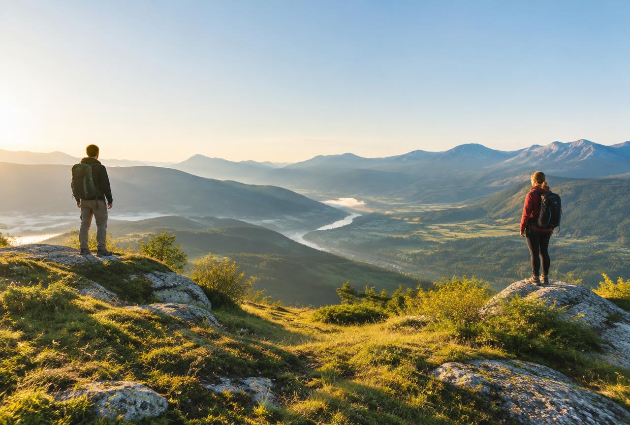 Two people on a bright ridge looking out over a valley from different vantage points