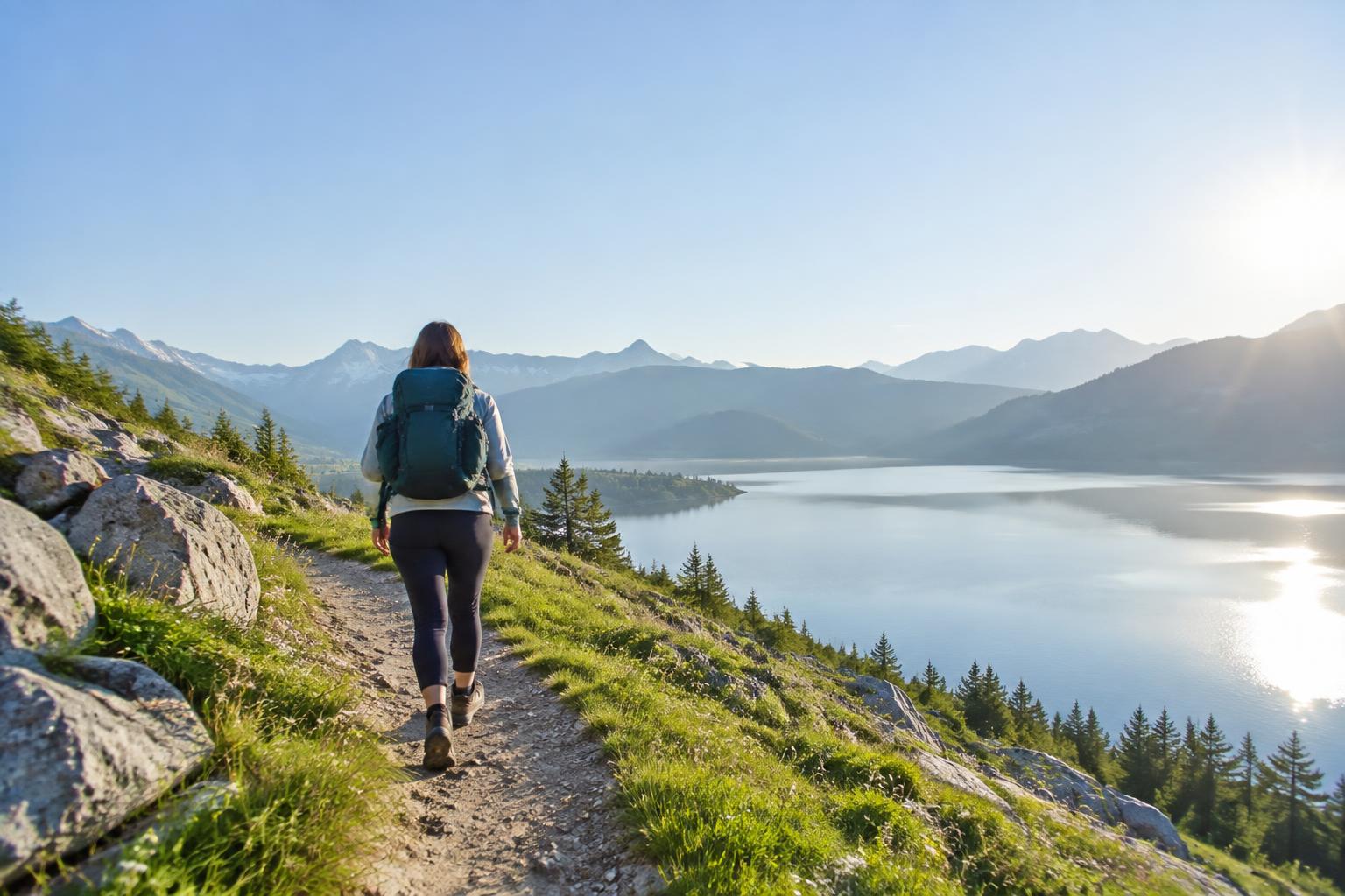 A person walking a sunlit lakeside mountain trail toward an open horizon