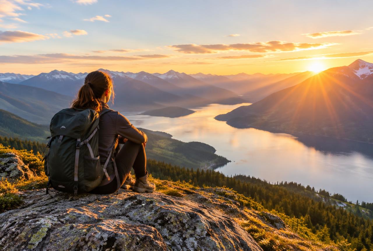 A person sitting on a ridge looking out over a wide sunrise valley